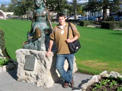 Craig Trotter in front of the Pania statue in Napier